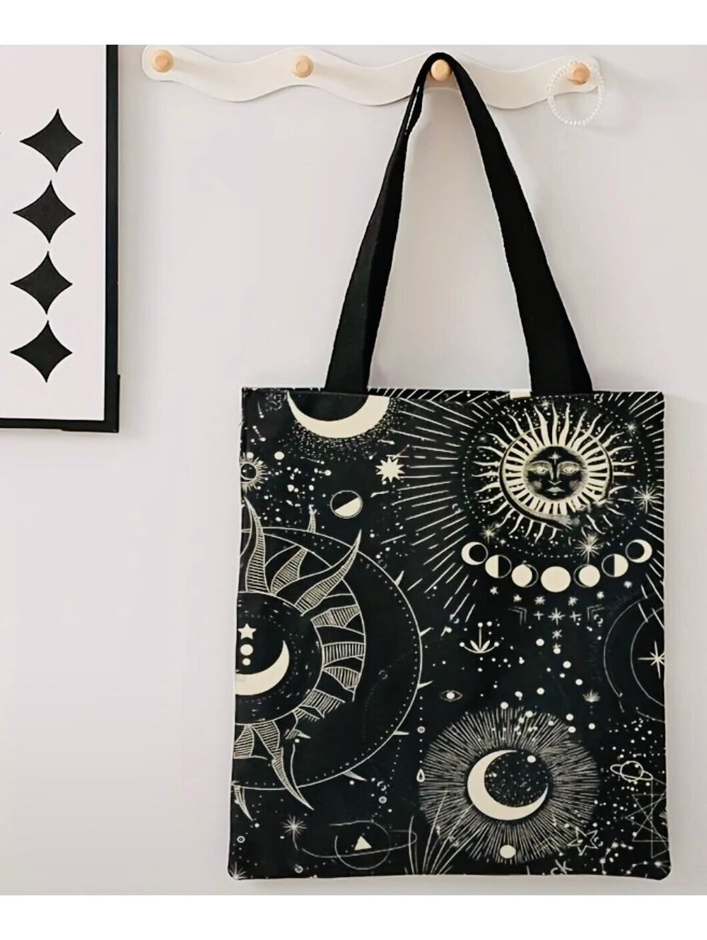 New - Retro Style - Sun, Moon, and Stars Design Tote Bag - Black /Gold